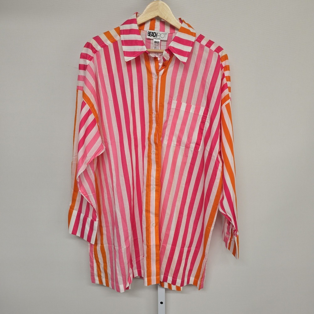 Beach Riot‎ Womens Pink Orange Striped Button Down Shirt Cotton L/XL Oversized
